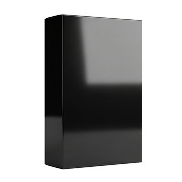 Sleek glossy black rectangular box with a minimalist design, isolated on a white background, ideal for product packaging mockups, software casing, or conceptual graphic elements