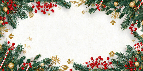 Captivating Evergreen Embrace: A Festive Christmas Border of Pine Boughs and Crimson Accents