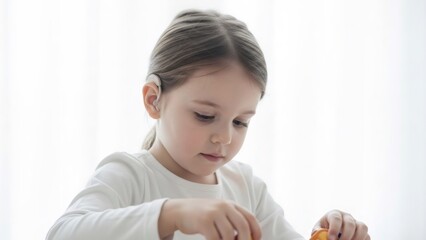 Young girl with a hearing aid playing. Child learning development. Aural rehabilitation and special education for deaf or hard of hearing kid.