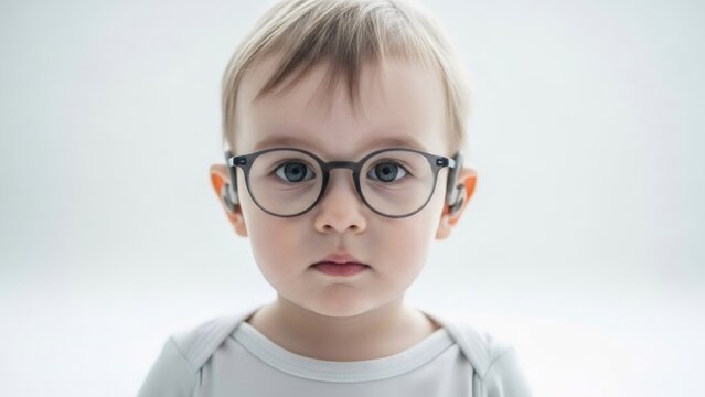 Baby boy in glasses with in-ear headphones. Child wearing hearing aid for improved hearing. Sensory support for early childhood development.