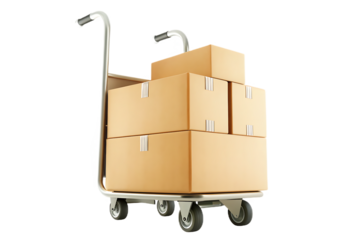 Hand truck loaded with cardboard boxes isolated on white background