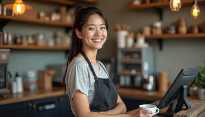Smiling young Asian woman poses at coffee shop counter holding cup. Barista in apron stands confidently. Cafe worker ready to serve customers. Portrait of friendly employee