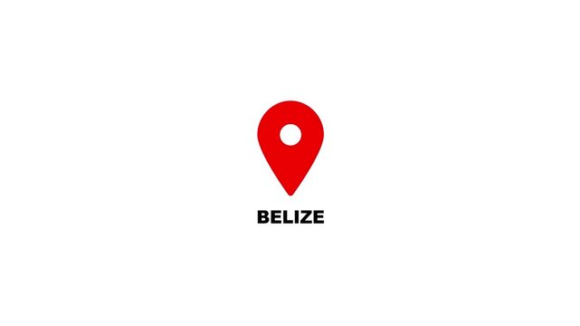 Belize map location pin animation. Belize text up down location pin pointer icon white background, Alpha channel GPS location tracking animation. 4K video.