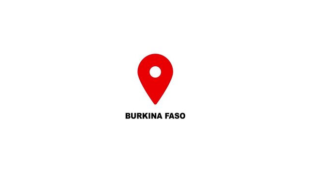 Burkina Faso map location pin animation. Burkina Faso text up down location pin pointer icon white background, Alpha channel GPS location tracking animation. 4K video.