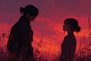 Two lovers sharing their first shy glance under a sunset