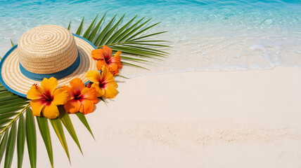 Straw hat with blue ribbon resting on palm leaves with hibiscus flowers on a tropical beach