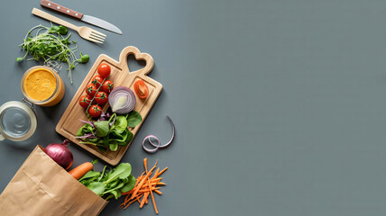 Fresh vegetables with cherry tomatoes, carrots, red onion and microgreens placed on a wooden cutting board against a gray background