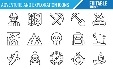 Travel exploration editable outline icons with map and compass