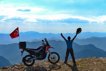 Motorcycle lifestyle, mountain and nature loving traveler