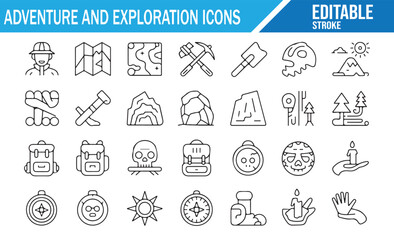 Fototapeta premium Adventure and exploration editable outline icon set with camping, hiking, travel gear and outdoor discovery symbols in minimal line vector style