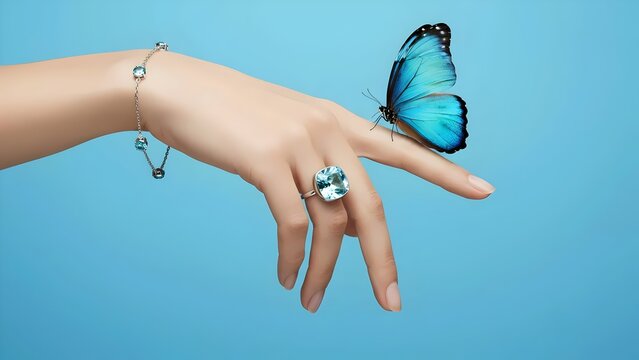a hand wearing jewelry set for advertising luxury ring and a bracelet with blue topaz aquamarine zircon gemstone, a blue butterfly on the hand elegant