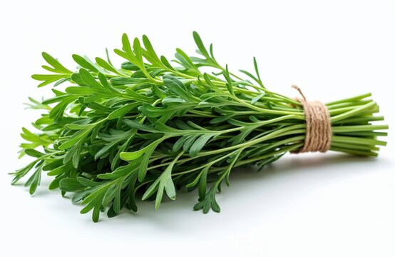 Bunch of fresh green tarragon herb tied with twine on white background. This aromatic plant is great for cooking and flavoring food. Natural ingredient for healthy diet.