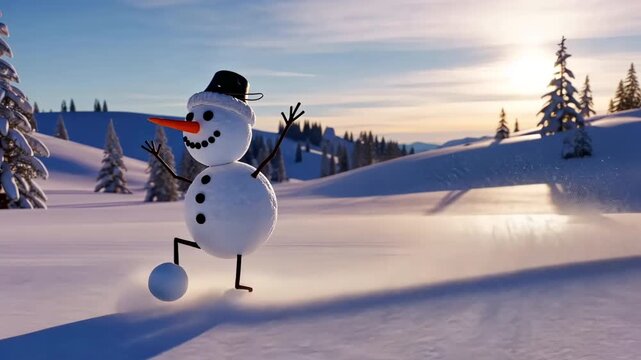 Playful snowman running across snowy meadow with tiny snowballs flying behind him as if escaping a rolling snowball avalanche