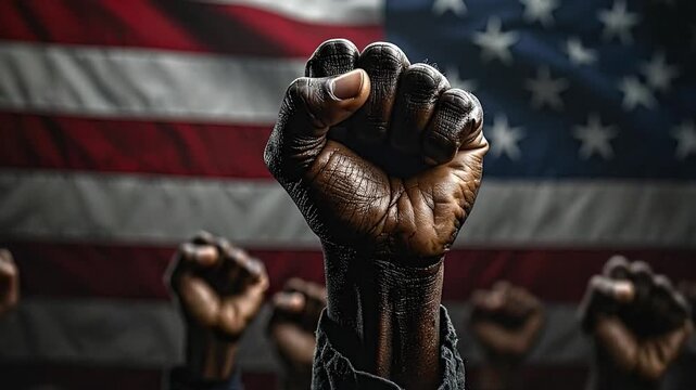 A powerful display of solidarity and determination Raised fists symbolizing strength, resistance, and the ongoing fight for equality and justice, set against the American flag