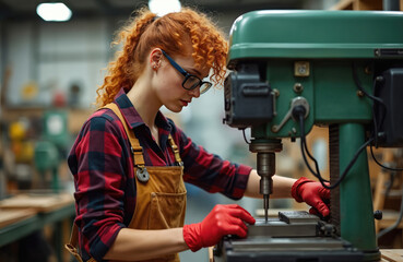 Woman with red curly hair wears glasses and red gloves. She uses a drill press in a workshop. She is wearing a plaid shirt and overalls. A new project is beginning.