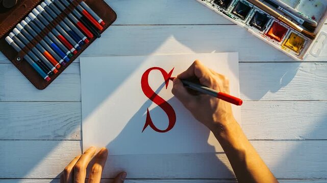 Hands crafting a stylized red 'S' on paper, surrounded by vibrant art supplies, embodying the essence of creative lettering and design process