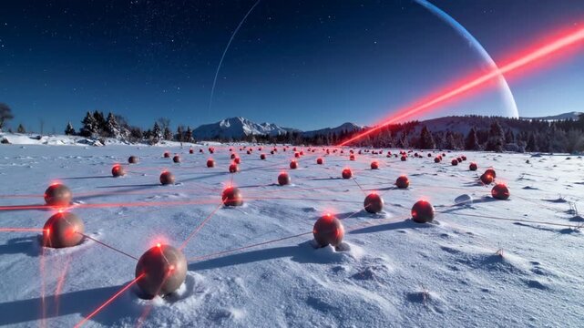 Futuristic Network: Spheres, Red Lasers, Snowy Landscape, Alien Planet