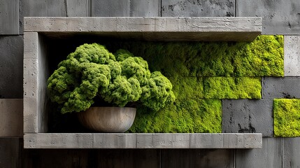 Modern biophilic interior design with green moss wall and bonsai plant on concrete shelf.