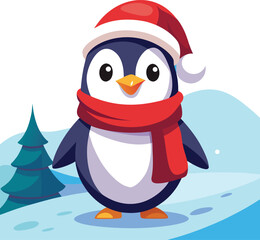 Fototapeta premium Cute cartoon penguin wearing a red scarf advertisement banner