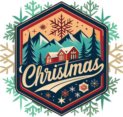 Hand lettered merry christmas badge with snowflakes and festive elements