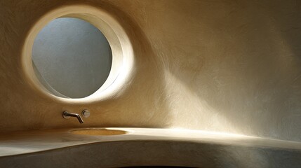 Organic architecture features a circular aperture above a sculpted countertop and basin area