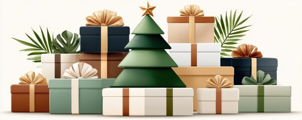 Christmas tree made of stacked gift boxes in green and beige with festive presents for holiday decor and gifts
