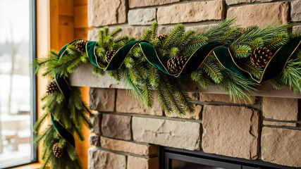 Evergreen garland with pinecones on stone fireplace mantel in winter  