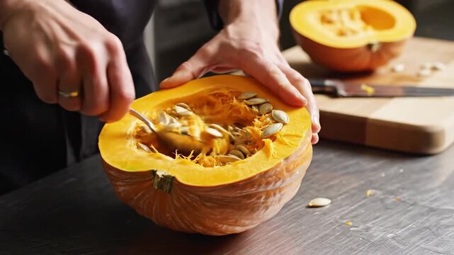 Hands cleaning and preparing fresh orange squash vegetable for cooking in a modern kitchen setting