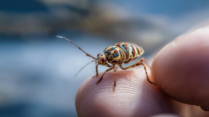 A person holds a small bug on their finger. The bug has a patterned shell and crawls slowly. The background shows blurred outdoor elements under natural light.