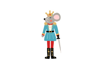 Cute cartoon mouse king in blue uniform and crown, isolated on transparent background