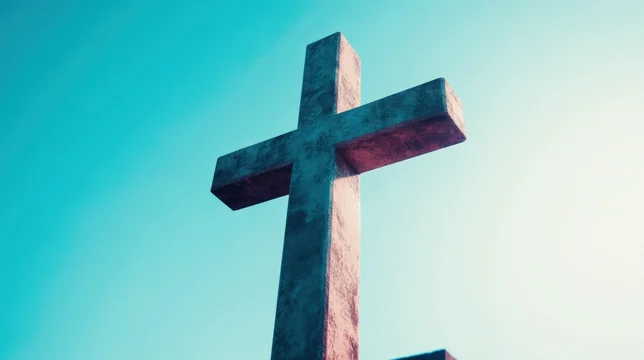 Big Wooden Cross Framed by Gentle Blue Sky