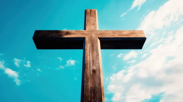 Lone Wooden Cross Reaching Toward Clear Sky
