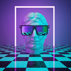 Retro-futuristic vaporwave illustration of marble bust with neon sunglasses