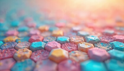 Abstract colorful pattern formed by hexagonal shapes. Geometric design features various pastel colors and soft focus background. Suitable for design wallpaper or background. Decorative digital art.