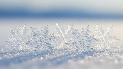 Macro shot of delicate ice crystals and snowflakes resting on fresh snow, isolated on white