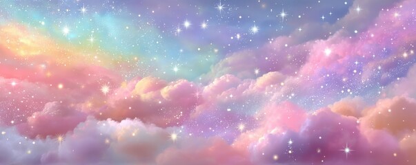 Pastel rainbow sky with stars and fluffy clouds creating a dreamy, ethereal background for fantasy projects