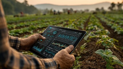 Farmer holding tablet with data charts in green agricultural crop field.

