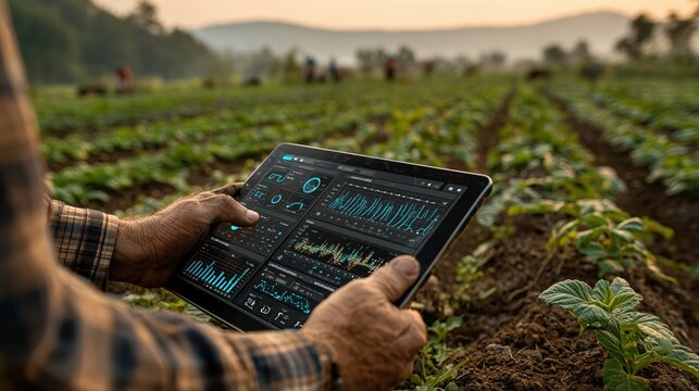 Farmer holding tablet with data charts in green agricultural crop field.

