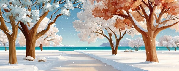 Winter landscape with snow-covered trees, calm lake, and distant mountains under blue sky