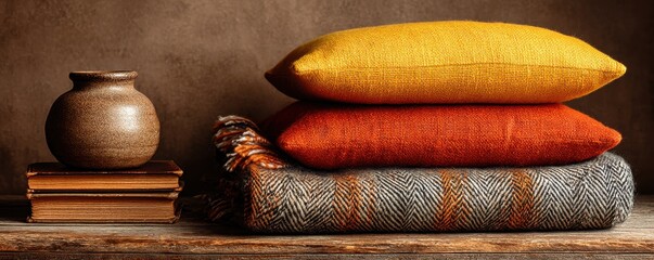 Stack of yellow and orange pillows with a woven blanket and rustic pottery vase