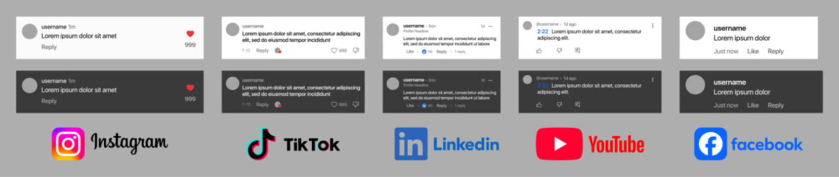 YouTube LinkedIn TikTok Facebook Instagram Comment UI Mockup showing threaded replies, emoji reactions, like, share, avatars in dark and light mode with modern clean interface vector illustration