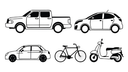 Vehicle Silhouette and Outline Vector Pack, CAD Line Art of Cars, Bikes, Scooters & Motorcycles front and side view