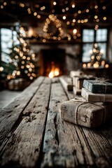 Obraz premium Cozy rustic wooden table with wrapped gifts and warm Christmas lights by a fireplace