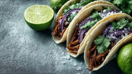 Three beef tacos with cilantro and lime on grey stone.