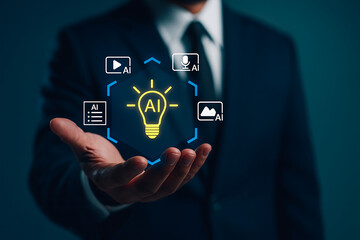 Businessman hand holding a glowing lightbulb hexagon with artificial intelligence (AI) icons for text, image, video, and voice, representing innovation and smart technology solutions