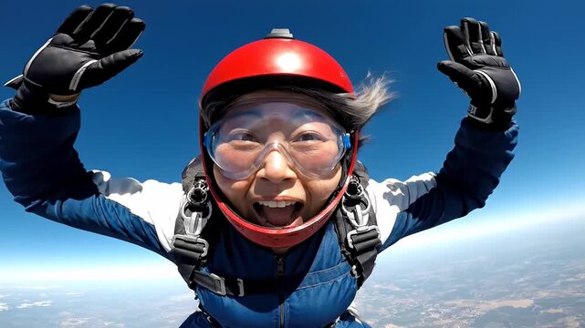 A skydiver in a red helmet and blue suit joyfully freefalls with a thumbsup gesture against a clear blue sky. the sequence captures the thrill and joy of adventure and adrenaline.