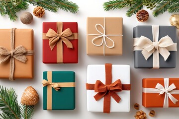 Christmas gifts and festive decor scene with wrapped presents, pine, and cozy mittens