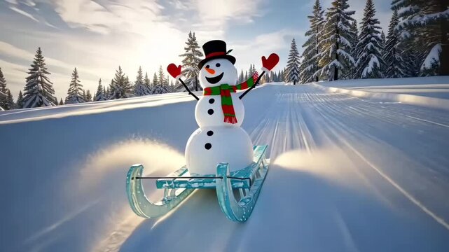 snowman sliding down snowy hill on curved ice sled with joyful expression and sparkling powder trail behind