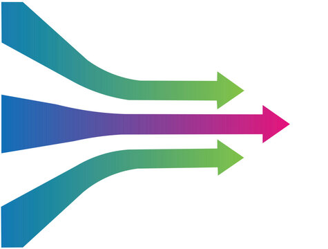 three gradient colored arrows converging together showing merger flow and unified direction isolated onwhite background.