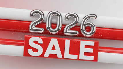 3d rendering of silver balloon numbers 2026 above a red sale sign with red and white stripes